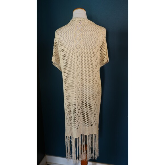 Alya Crochet Open Knit Fringe Long Cardigan Duster Coastal Boho Cottagecore M/L - Picture 6 of 11